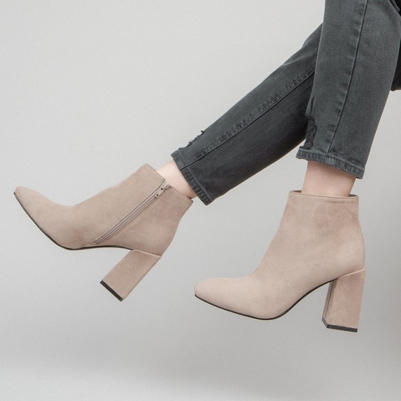 ONE LEFT Nude Uneven Stack Block Heel Suede Bootie - Picture 2 of 3